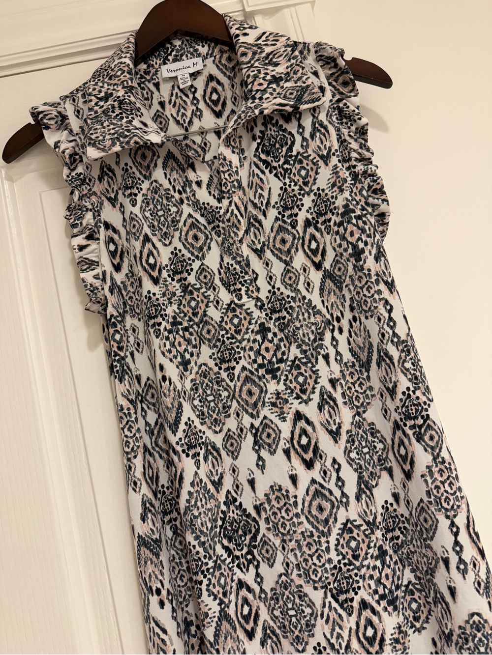 Veronica M Ikat Print Ruffle Sleeve Shift Dress Pockets Size M USA Made